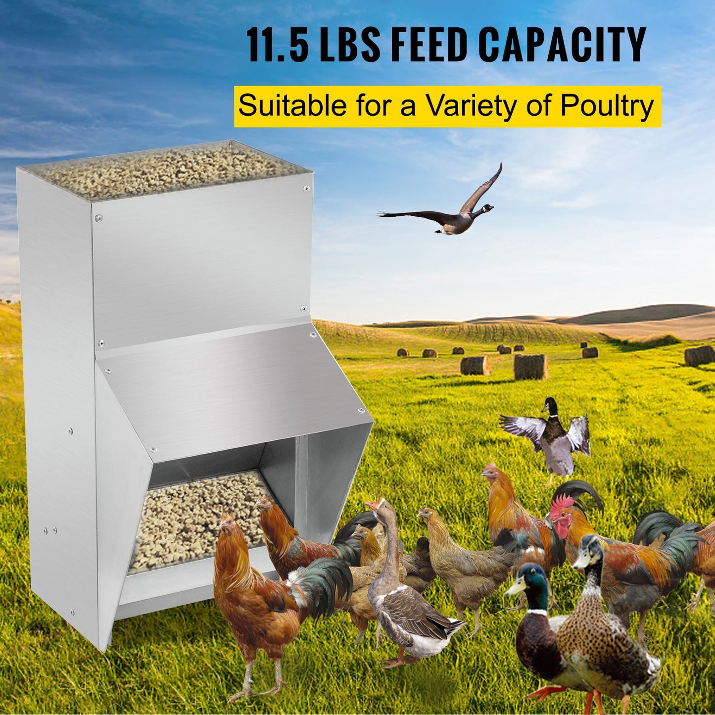 VEVOR Sturdy Galvanized Steel Poultry Feeder Premium Chicken Feeder No Waste 11.5/25/30/50lbs Metal Feeder for Chickens Quails